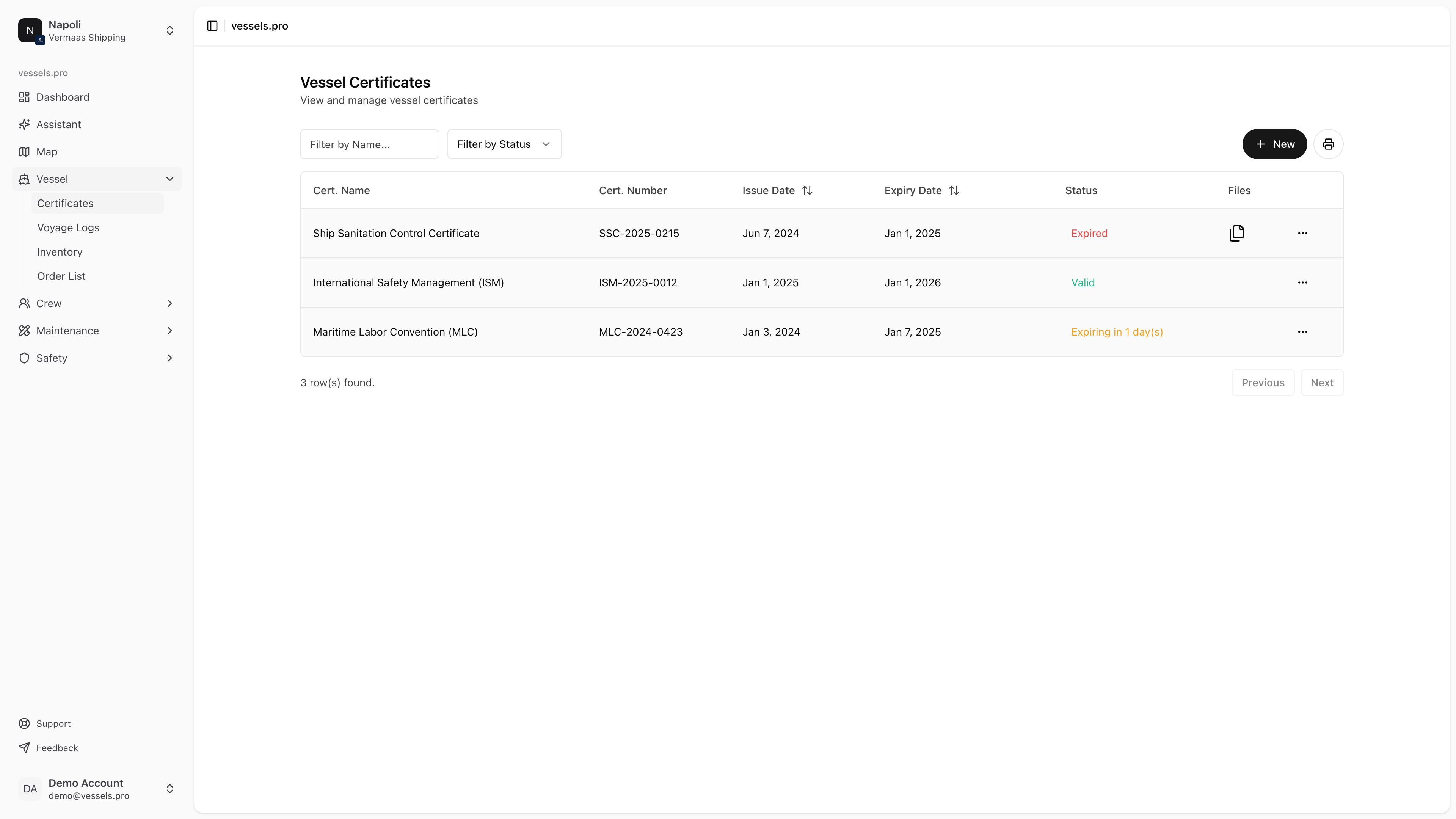 Vessel management dashboard